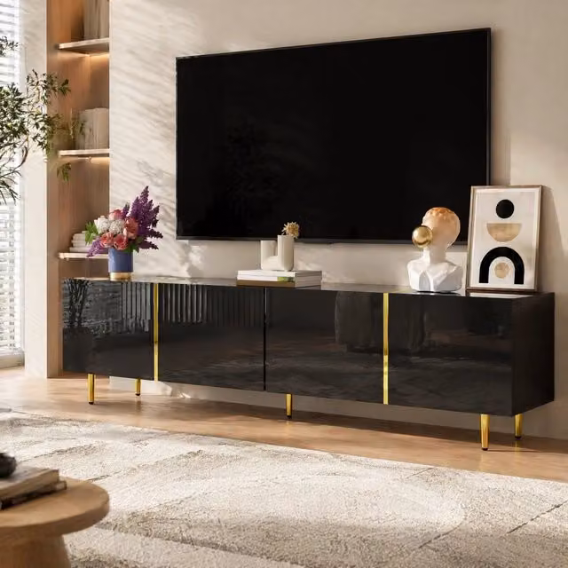 Mobile TV nero lucido con 4 ante, design moderno con accenti oro, 170x35x46 cm
