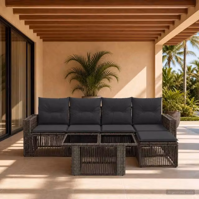 Set Divano da Giardino a L con Poltrona, Tavolino e Ottoman vidaXL, 6 Pezzi, Grigio e Antracite – 1