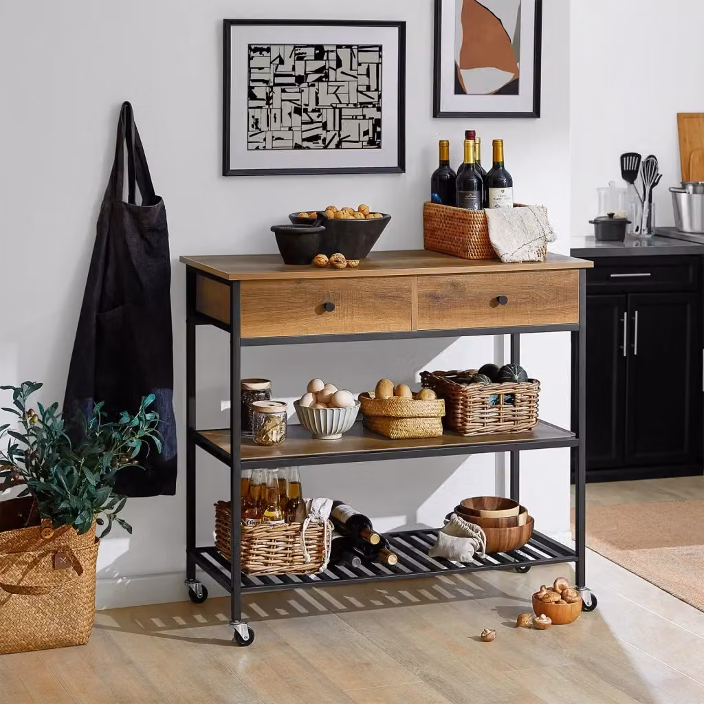 Carrello portaoggetti con 2 cassetti SOBUY design industriale in legno e metallo, marrone e nero, H: 93 cm, L: 60 cm, P: 45 cm – 2