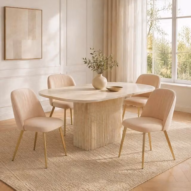 Set di 4 sedie in velluto beige con schienale ergonomico e gambe dorate