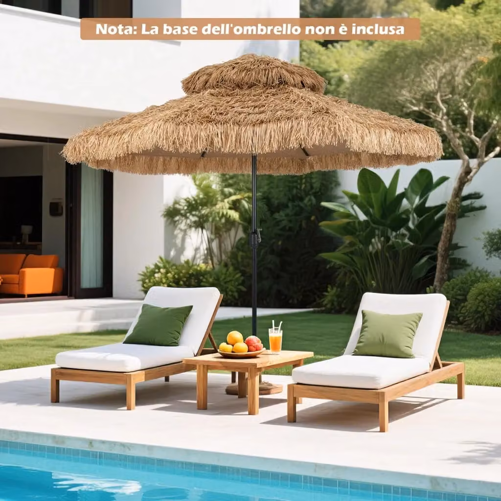 Ombrellone da Spiaggia Hawaiano COSTWAY in Paglia PE con 8 Stecche, Inclinazione Regolabile e Manovella Manuale, Colore Marrone e Nero, H 318 cm x L 270 cm – 2