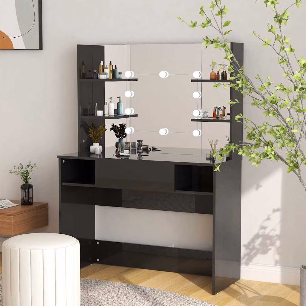 Toeletta vidaXL con Luci LED in MDF Nero Lucido L: 100 cm, P: 40 cm, H: 135 cm