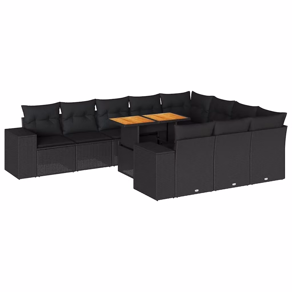 Set di divani da giardino vidaXL in polyrattan nero con cuscini e struttura in legno di acacia oliato, 10 pezzi – 2