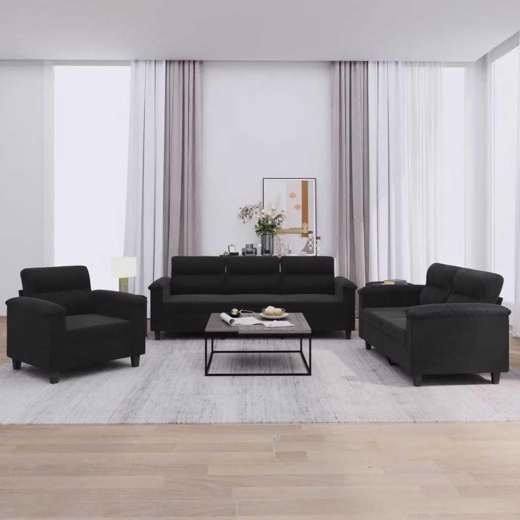 Set di Divani 3 Pezzi vidaXL in Microfibra Nera con Cuscini e Braccioli per Soggiorno – 1
