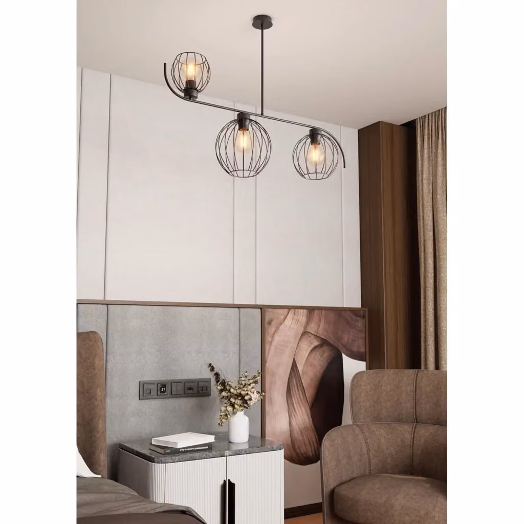 Lampadario Industrial Shamash Luceart-Classic in Acciaio Nero con 3 Luci e Paralumi a Gabbia in Metallo – 2