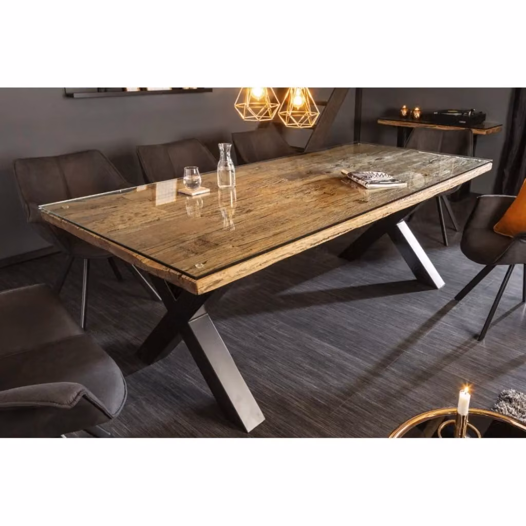 Tavolo da pranzo Meublorama RAFTA in legno di teak e vetro temperato con gambe a X in metallo nero, L: 220 cm, P: 100 cm, H: 76 cm – 2