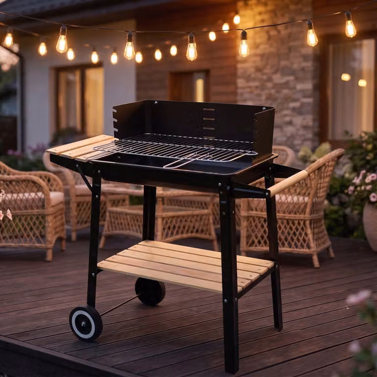 Barbecue Da Giardino A Carbone Con Coperchio, Mensole E Griglia, Montato Su Ruote + 100 Spedini