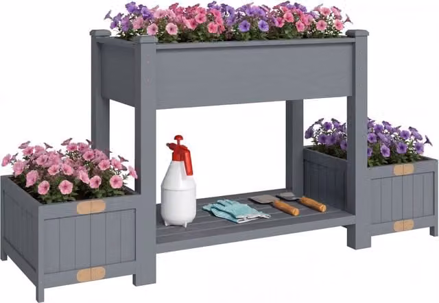Fioriera Rialzata da Giardino in Legno di Abete con 2 Vasi Laterali e Ripiano Porta Attrezzi, Letto per Piante 149x46x76 cm Grigio