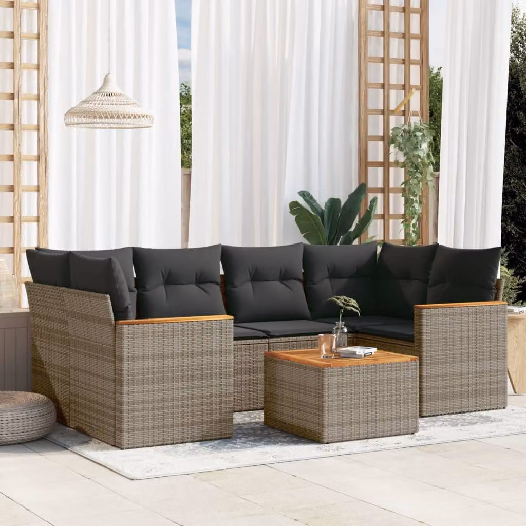 Set di divani da giardino vidaXL 7 pz in rattan con cuscini grigi e struttura in acciaio e legno di acacia – 1