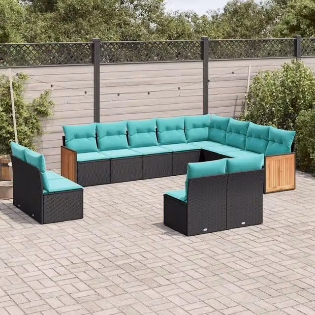 Set di divani da giardino a forma di U vidaXL in polyrattan con cuscini imbottiti e coperture rimovibili, colore nero, blu o turchese