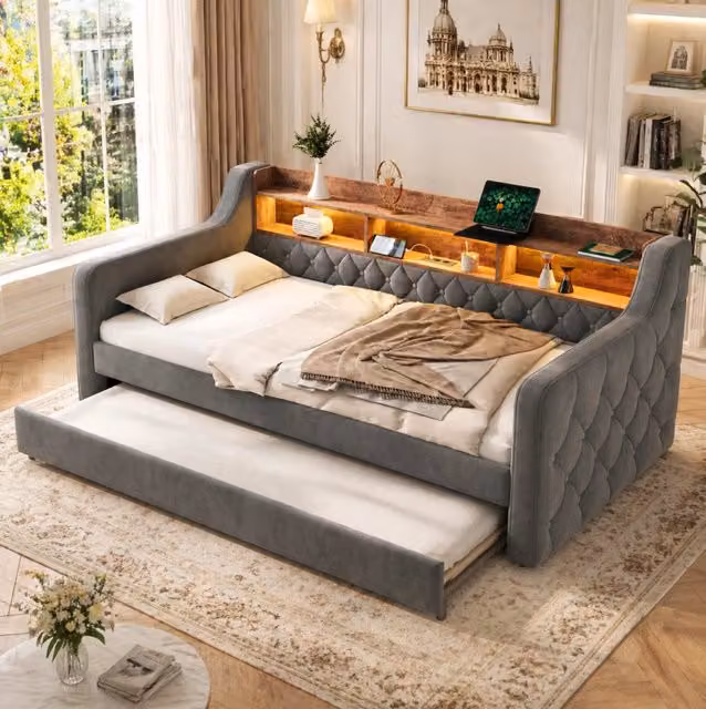 Letto 90x190 cm grigio scuro – con LED, USB-C e vano contenitore, senza materasso