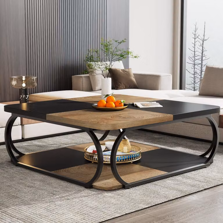 Tavolino quadrato Tribesigns, tavolo in legno grande 100 cm, tavolino basso a 2 livelli in stile country con struttura in metallo, nero/marrone chiaro
