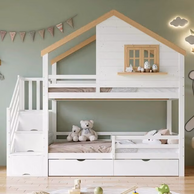 Letto a castello ¨C Minimal ¨C Legno pino MDF bianco 90x200 cm con spazio contenitore