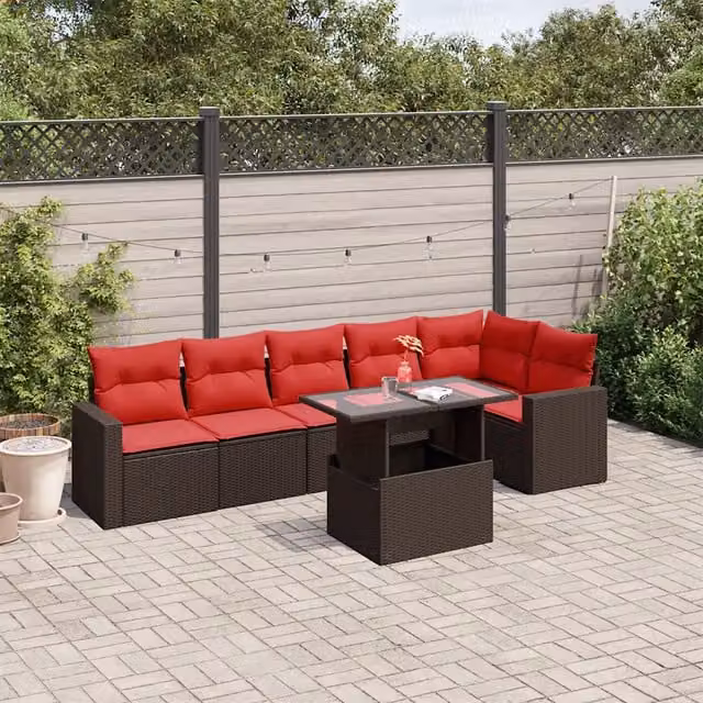 Set Divani da Giardino 7 pz con Cuscini Marrone in Polyrattan 3267294