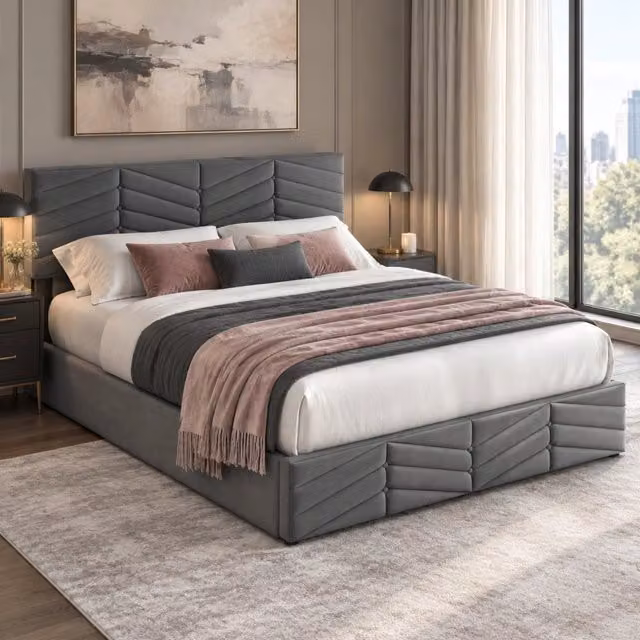 Letto matrimoniale imbottito con testiera regolabile in altezza, velluto grigio, contenitore con apertura a gas, 180x200 cm