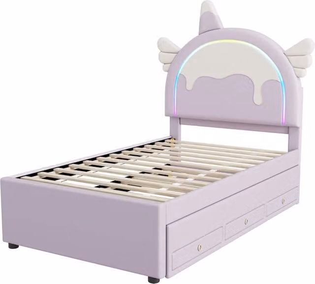Letto Singolo Estraibile con Cassetto e Testiera Unicorno Viola per Bambini L/P/H: 90 x 200 x 103 cm