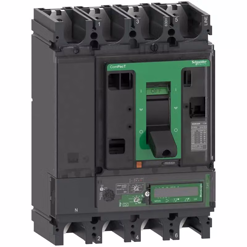 Interruttore automatico compatto Schneider Electric ComPacT NSX630N, 50 kA/415 V CA, MicroLogic 7.3 E Vigi 570 A, 4P4D C63N47E570