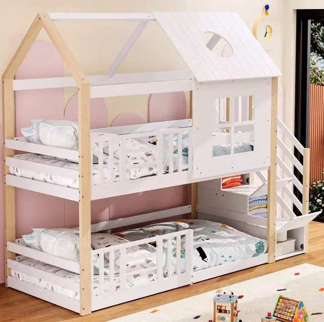 Letto a castello a casetta con scala contenitore; 90x200 cm; in legno di pino e MDF; bianco e naturale