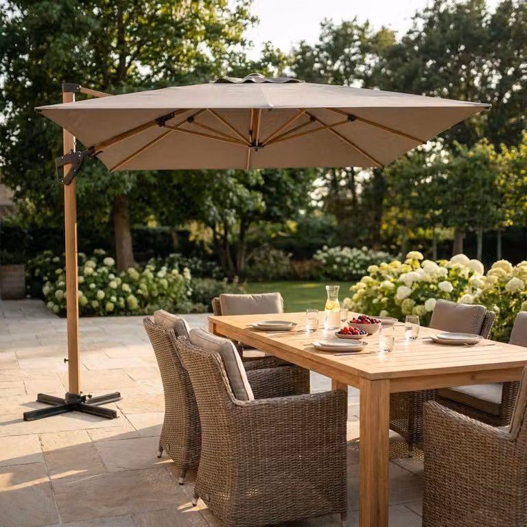 Milani Home - ombrellone da giardino 3 x 3 m con palo laterale decentrato effetto legno, telo taupe in poliestere, per terrazzo e piscina