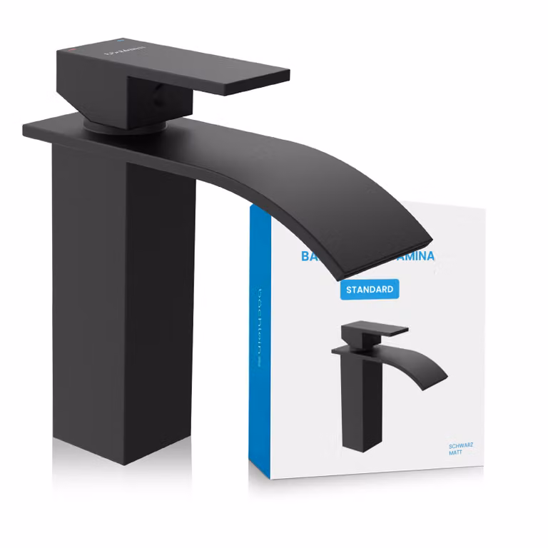 Miscelatore da bagno Tamina - nero opaco | Miscelatore da bagno a cascata dal design classico - rubinetto per lavabo da appoggio