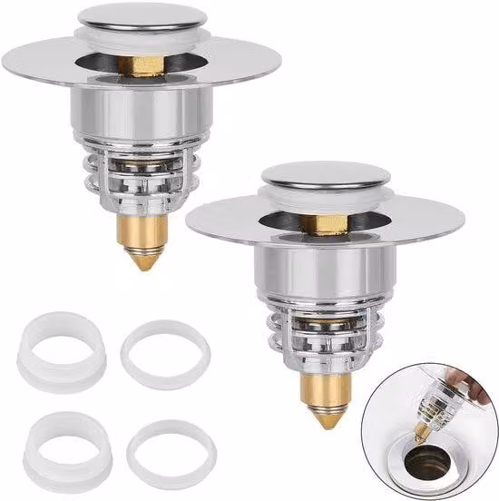 Set da 2 tappi a scomparsa in acciaio inossidabile per scarichi, universali per lavabi e vasche da bagno, da 32 a 40 mm, con griglia e guarnizione in silicone multistrato