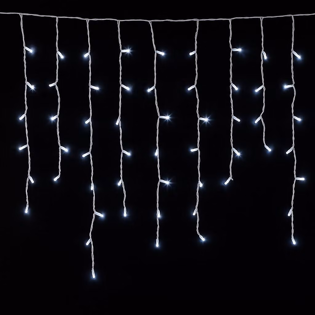 ETTROIT Tenda Luminosa 200 LED, 5Mt, Luce Bianca, Cavo Bianco, IP65, Prolungabile, Effetto Flash , Con fili pendenti a lunghezze alternate (30-70-40-60 cm) per effetto a cascata