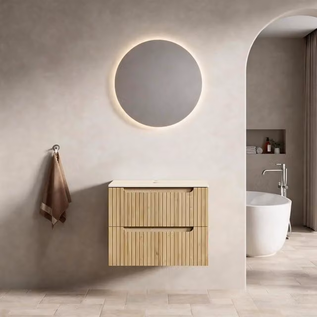 Mobile sottolavabo in multistrato con piano in pietra sinterizzata effetto travertino moderno per bagno rovere chiaro