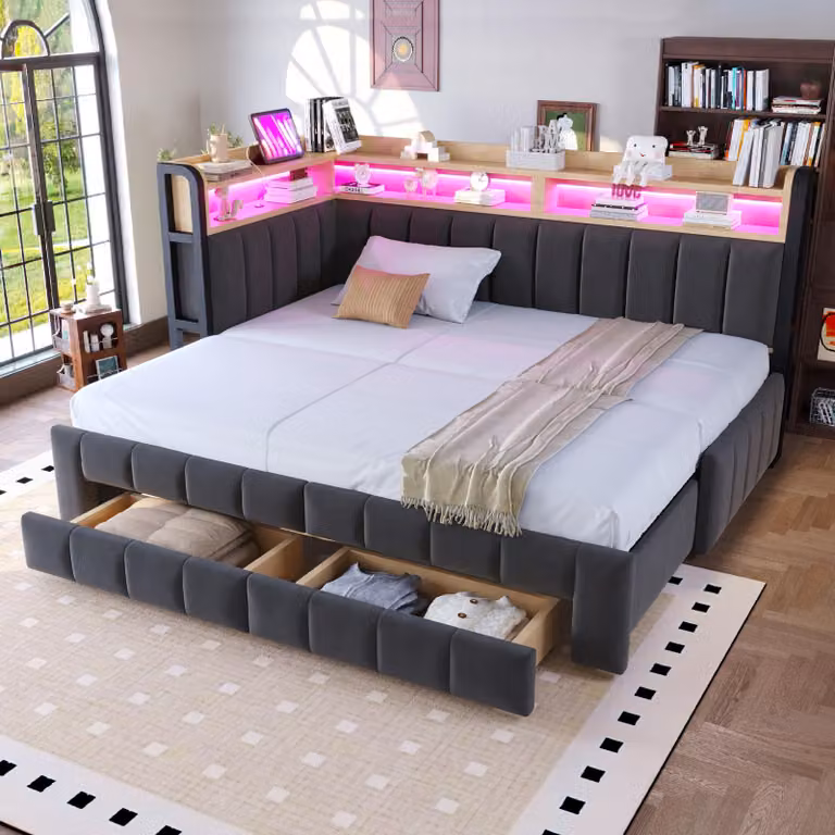 Divano letto Flieks 90x200 cm / 180x200 cm con meccanismo estraibile, letto per ragazzi con contenitore e cassetto, letto per bambini trasformabile in divano con cassetti, tessuto velluto, colore grigio scuro