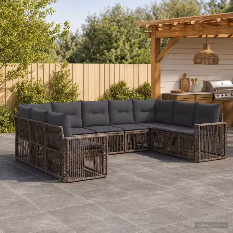 Set Divano da Giardino vidaXL 9 pz in Polyrattan Grigio e Antracite con Cuscini e Struttura in Acciaio