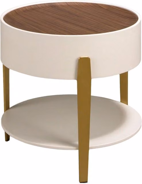 Tavolo angolare rotondo in noce, legno beige e acciaio lucido placcato oro
