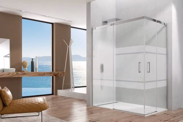 Box doccia angolare TEMPLE con 2 elementi fissi e 2 scorrevoli, vetro Frost Plus e profili in acciaio inox lucido, 90 x 80 cm