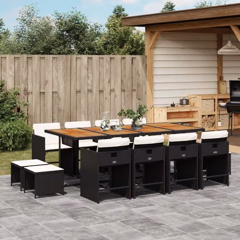 Set da pranzo da giardino vidaXL in polyrattan con cuscini e tavolo in legno di acacia nero, marrone o bianco, composto da 13 pezzi