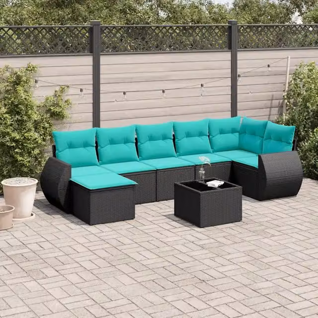 Set Divani da Giardino 8 pz con Cuscini Nero in Polyrattan 3221686