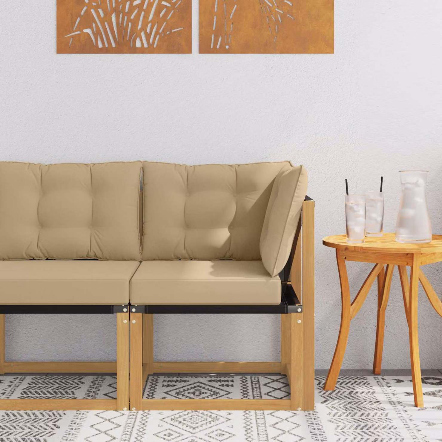 vidaXL Divano Angolare da Esterno Moderno in Legno di Acacia con Cuscini Beige e Bianco