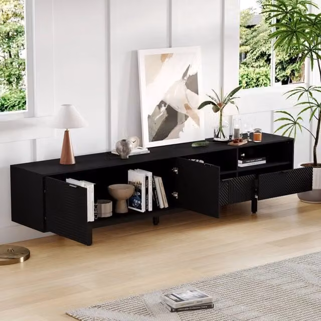 Mobile porta TV con 2 ante e vani aperti, foro passacavi, per soggiorno, in truciolare nero, 200 × 40 × 51 cm