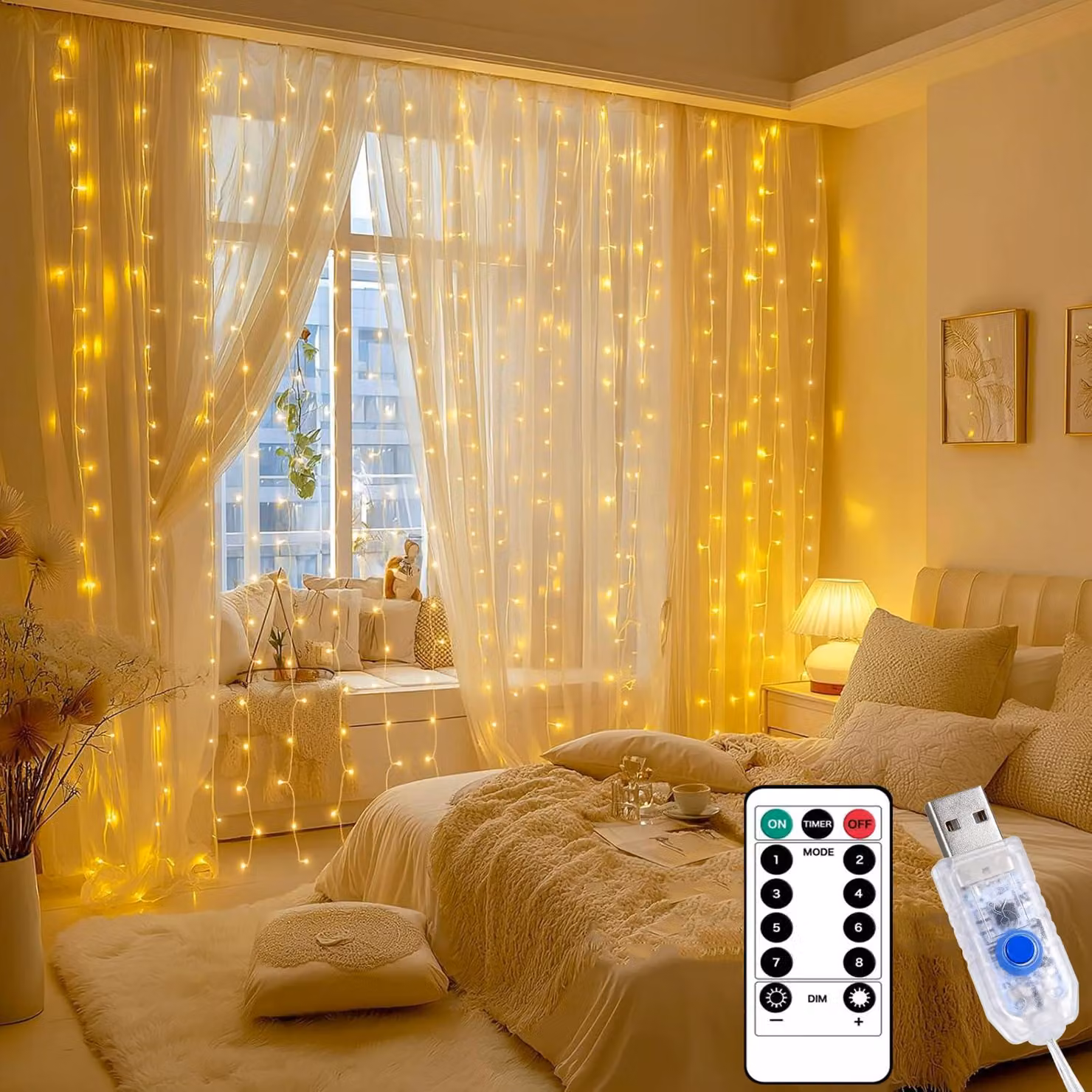 Tenda luminosa a LED, luce calda, dimensioni 2 x 2 metri, 200 micro-LED, alimentazione tramite USB