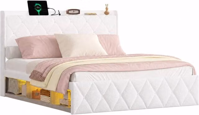 Letto matrimoniale moderno con 6 cassetti, porta USB, illuminazione LED e mensola integrata, rivestimento in tessuto teddy bianco, L/P/H: 140 x 200 x 146,5 cm