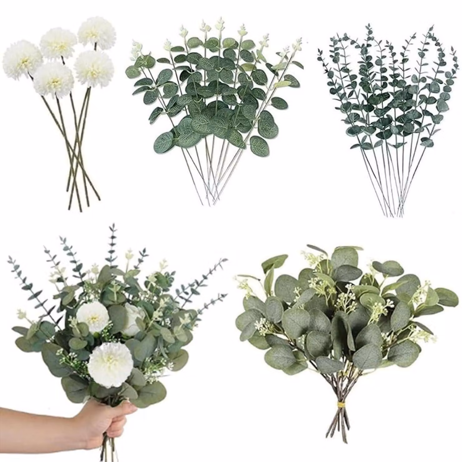 Rami decorativi artificiali di eucalipto e fiori artificiali, confezione da 30 pezzi, ideali per decorazioni di matrimonio e per la casa