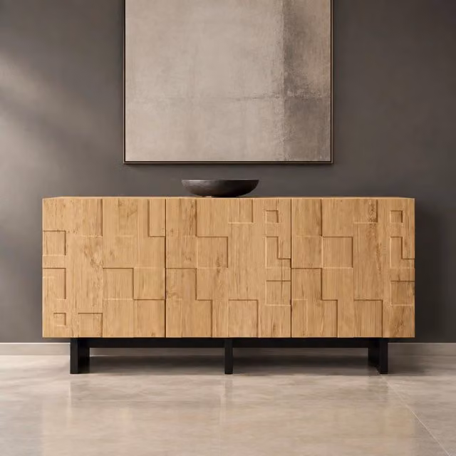 Mobiletto con 3 ante in MDF e pannelli truciolari, 140×40×70 cm, design naturale con motivi a cialda, per soggiorno e cucina