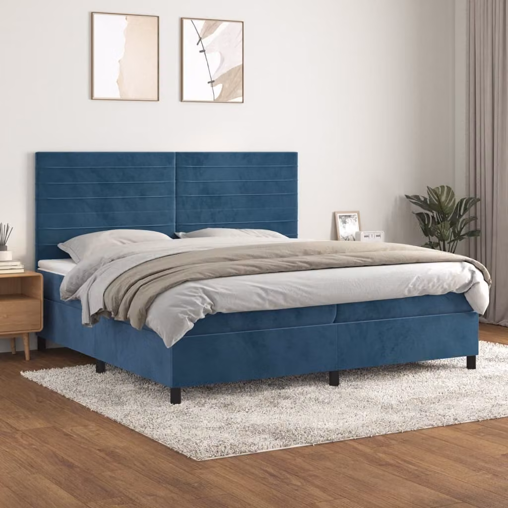 The Living Store Letto a molle con materasso blu scuro 200x200 cm in velluto