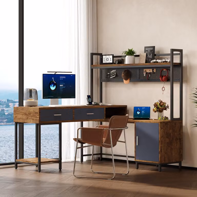 Scrivania a L Merax in stile industriale con armadio e cassetti, scrivania angolare con struttura in metallo, scrivania da ufficio con spazio contenitivo, effetto legno + blu