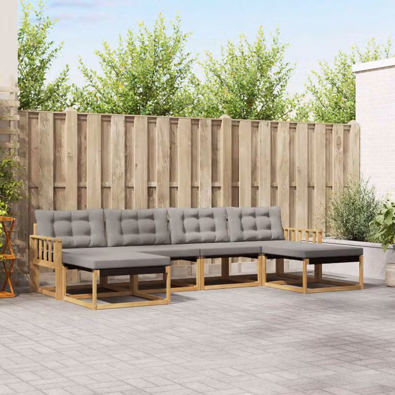 vidaXL Set di divani da esterno a forma di U composto da 6 pezzi in legno di acacia e textilene, Bianco e Grigio