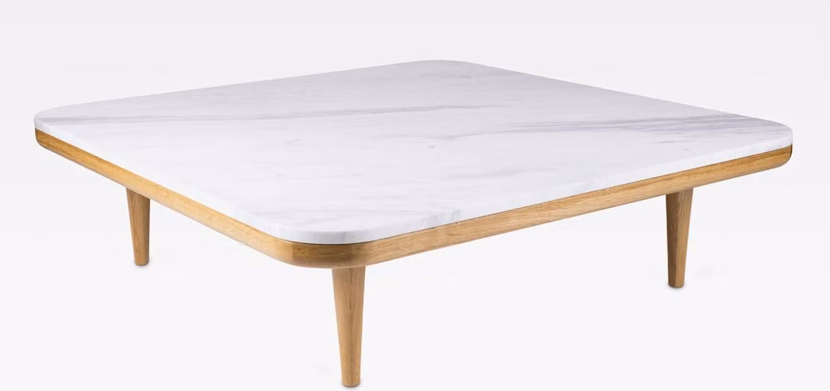 Tavolino Casa Padrino bianco/naturale 120 x 120 x h. 35 cm - Tavolo da salotto moderno in rovere con piano in marmo Volakas - Mobili da soggiorno