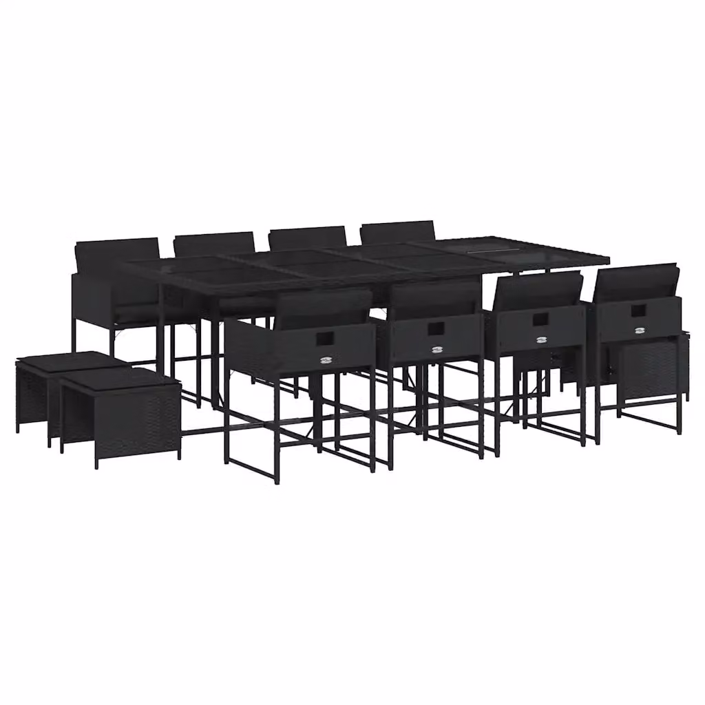 Set da Pranzo da Giardino vidaXL in Polyrattan Nero con Cuscini e Tavolo in Vetro 13pz – 2