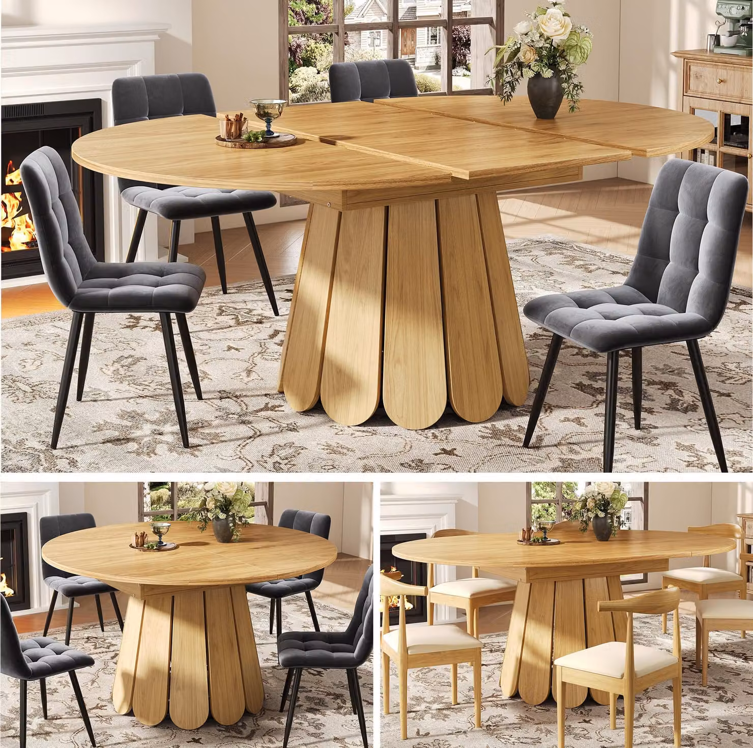 Tavolo da pranzo Sweiko allungabile, tavolo da sala da pranzo, tavolo da cucina, tavolo da balcone, tavolo da pranzo in legno Tavolo da pranzo rotondo, allungabile fino a diventare ovale, 118-158 cm, fino a 6 posti a sedere, colore legno