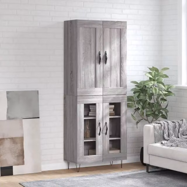 Credenza moderna vidaXL in legno e metallo, colore grigio, da appendere al muro, L: 69,5 cm, P: 34 cm, H: 180 cm