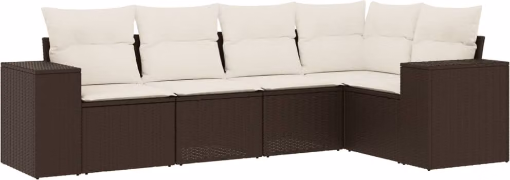 Set Divano da Giardino 5 pz con Cuscini Marrone in Polyrattan