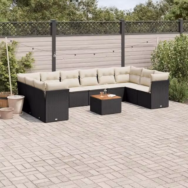 Set di Divani da Giardino VIDAXL in Polyrattan Nero con Cuscini, 11 Pezzi
