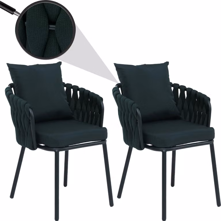 Set di 2 sedie da pranzo in alluminio MCW-P89, sedia da interno con braccioli, tessuto/materiale tessile (180 g/m²) intrecciato Rope ~ verde