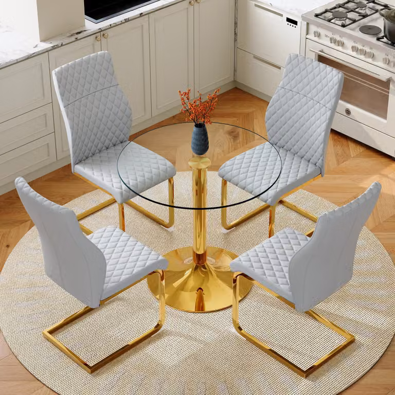 Set tavolo e sedie, tavolo in vetro con diametro di 85 cm, gambe in metallo, 4 sedie da pranzo (oro, grigio chiaro, trasparente)
